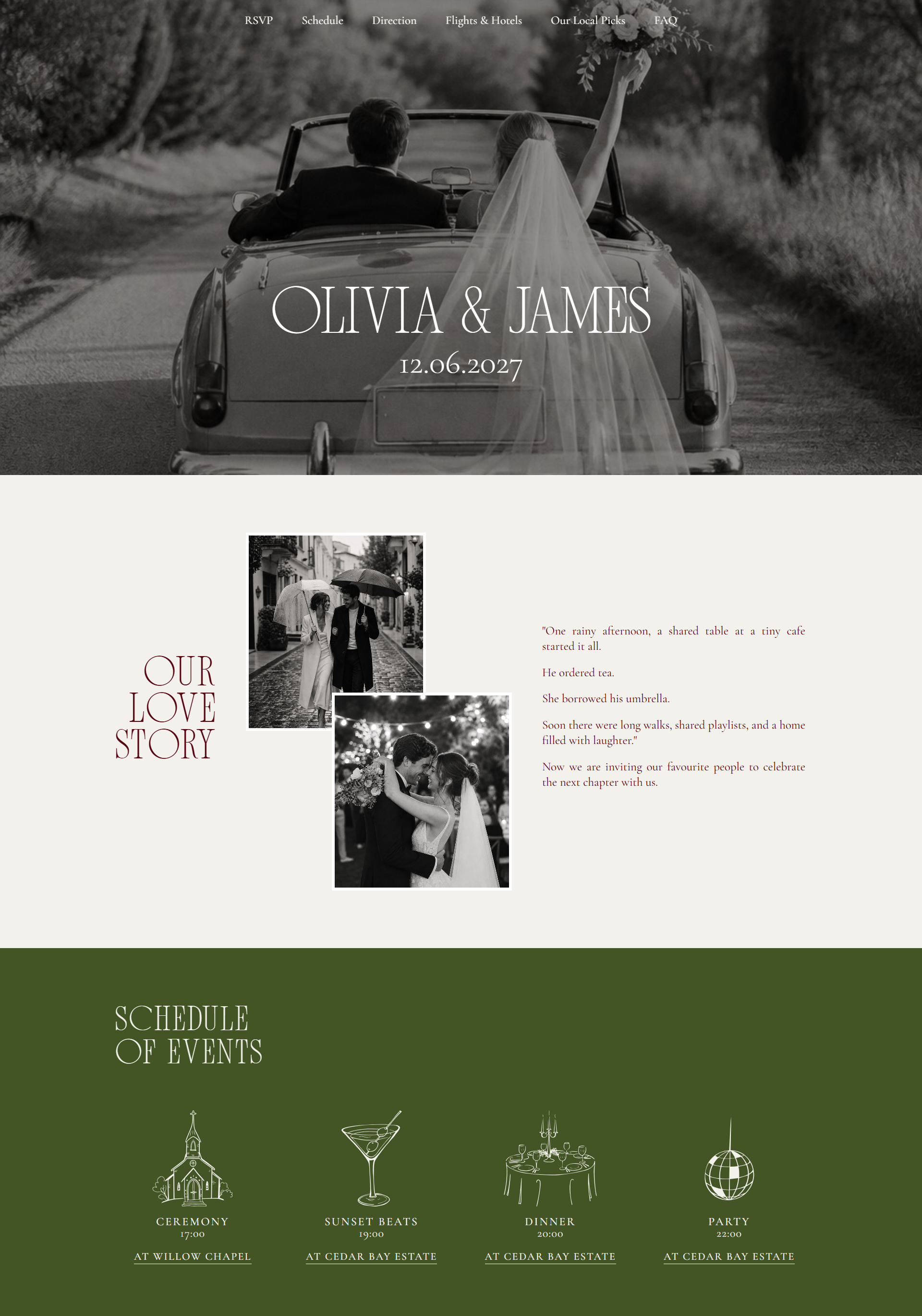 Editorial wedding website with a black-and-white couple portrait and olive-green details